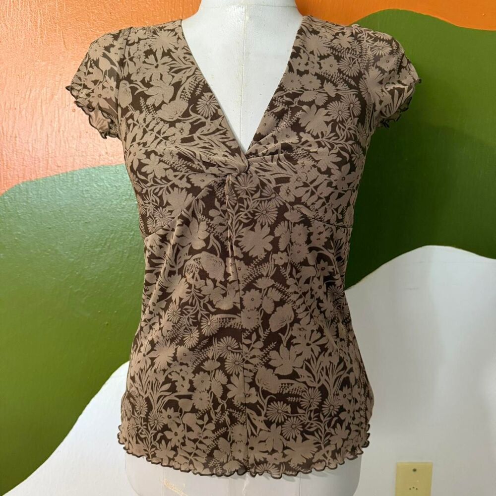 Y2K Brown Floral Mesh Top Sheer Cap Sleeve Blouse Whimsigoth Fairy Coquette Sz P